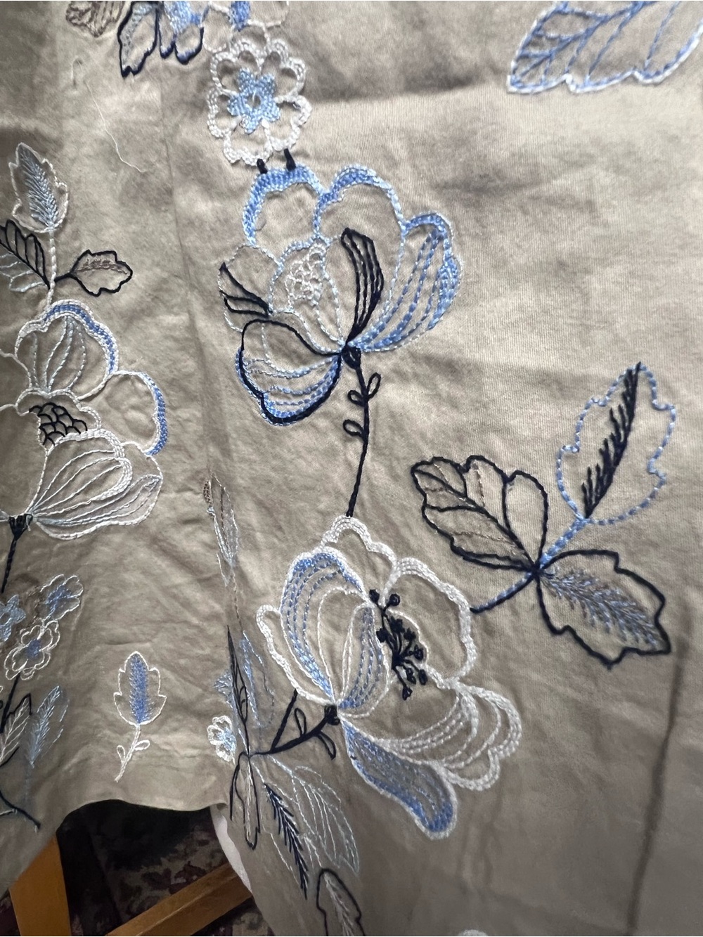 Covington Beige Pencil Skirt with Blue and White Floral Embroidery